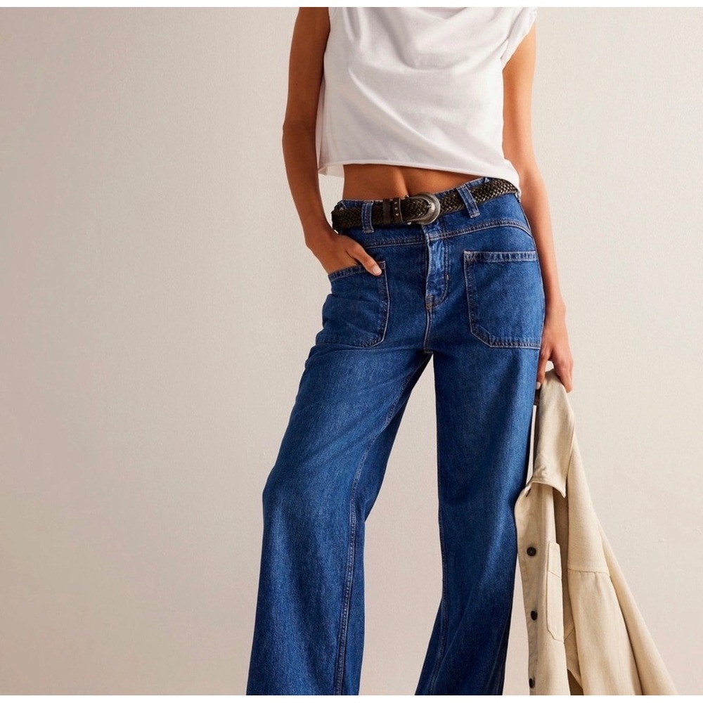 We The Free People Palmer Cuffed Jeans 30 Wide Leg Blue Denim Patch Pockets